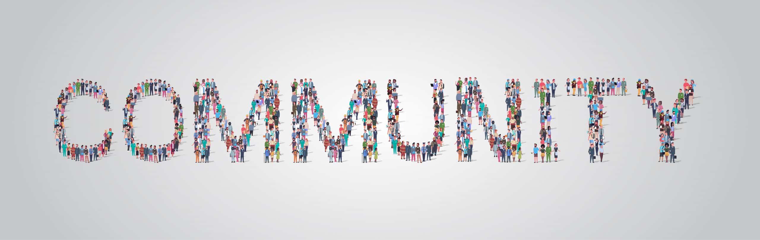 people crowd gathering in shape of community word different occupation employees mix race workers group standing together social media communication concept flat horizontal vector illustration